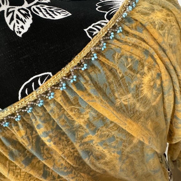 FREE PEOPLE Boho Burnout Cropped Top Turquoise Beaded 3/4 Sleeve Mustard Yellow - Picture 8 of 11
